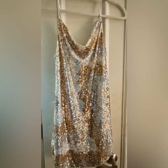 celleci Dresses & Skirts - American Threads Gold and Silver Sequin Spaghetti Strap Mini Dress LG NEW YEARS
